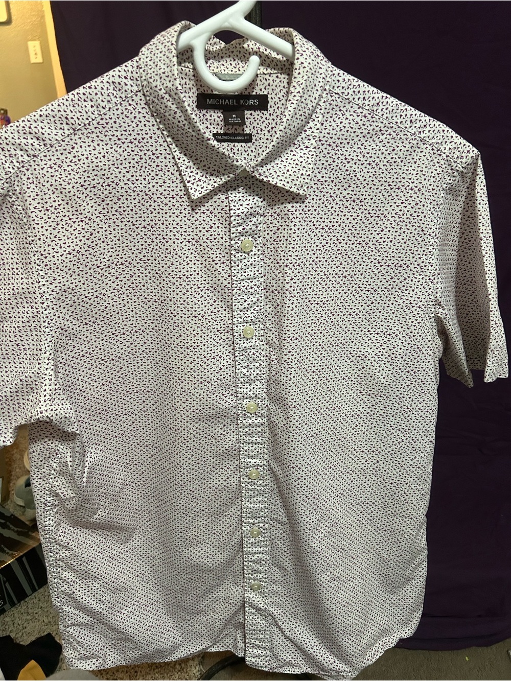Michael Kors White Short Sleeve Button-Down Shirt with Micro Dot Print